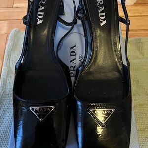 Prada Glossy Black Slingback Heels